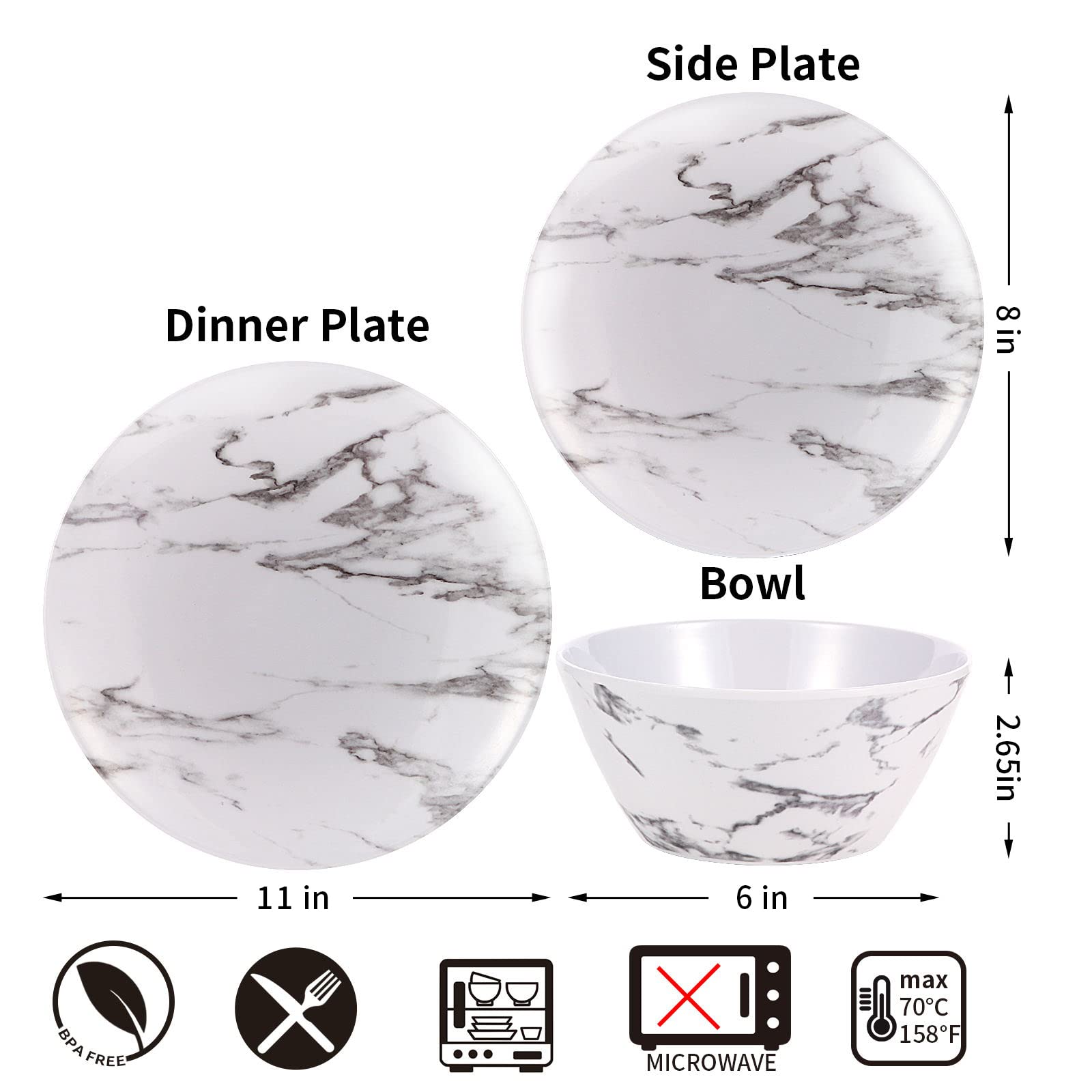 CUAEIBEY 12-Piece Melamine Dinnerware Set, White Marble, BPA-Free, Dishwasher Safe, Service for 4, Indoor/Outdoor Use