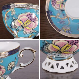 fanquare 7oz British Fine Bone China Coffee Cup and Saucer,Flora Porcelain Tea Cup,Blue Cappuccino Cups