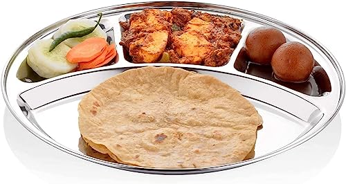 WhopperIndia Stainless Steel 4 Compartment Dinner Plate, Serving Platter, Restaurant Mess Tray Great for camping, picnics, school, indoor or outdoor use Set of 2 pcs- 13 Inch Each