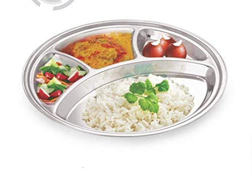 WhopperIndia Stainless Steel 4 Compartment Dinner Plate, Serving Platter, Restaurant Mess Tray Great for camping, picnics, school, indoor or outdoor use Set of 2 pcs- 13 Inch Each