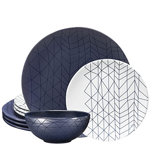 bzyoo 12 Piece Melamine Dinnerware Set - Durable, Dishwasher Safe Plates and Bowls - Dinning, Parties, Camping Dish Set Spidy Blue Collection