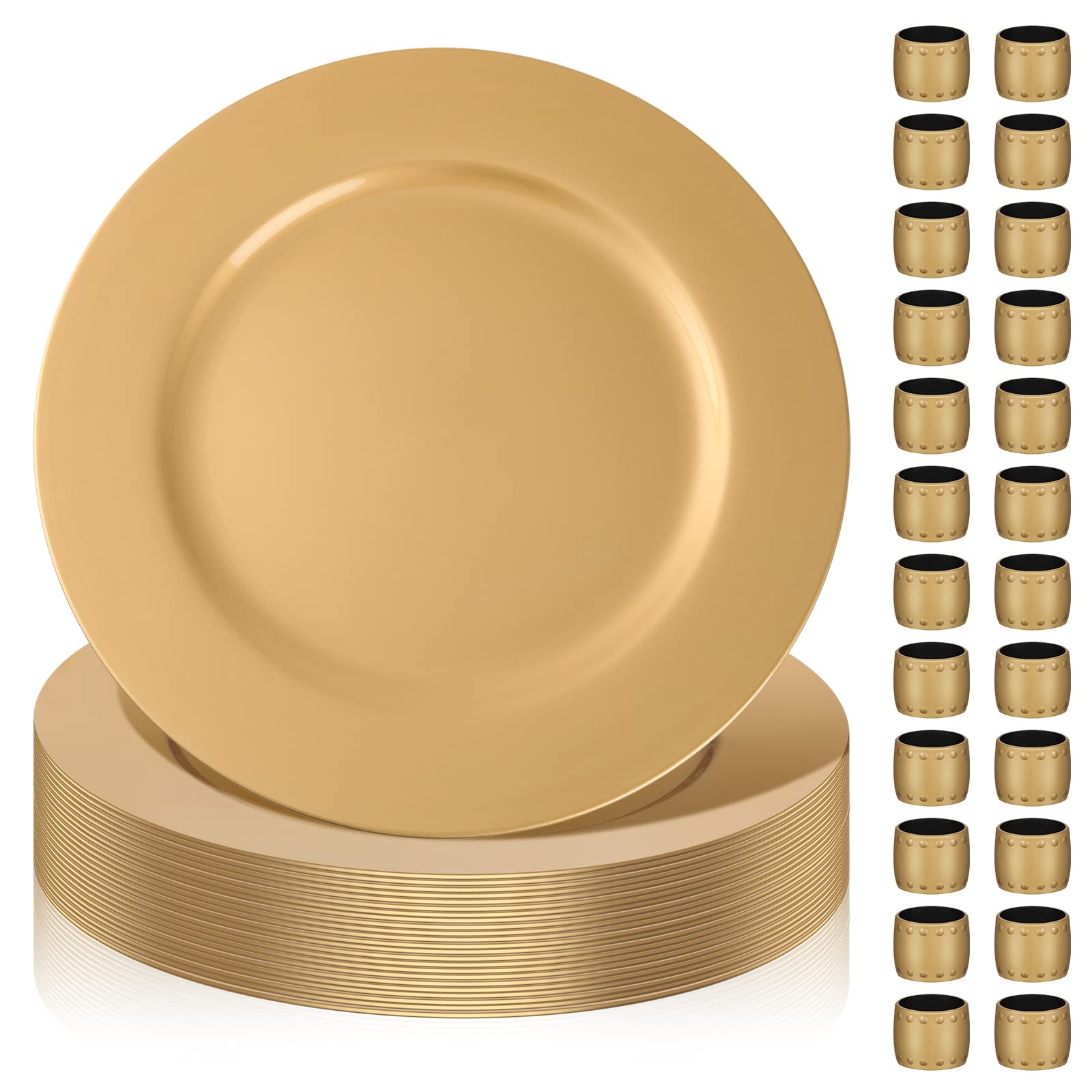 24 Sets Gold Charger Plates with Napkin Rings, 13" Round Plastic Dinner Plate Reusable Charger and Service Plate for Dinner, Wedding, Party, Event, Decoration