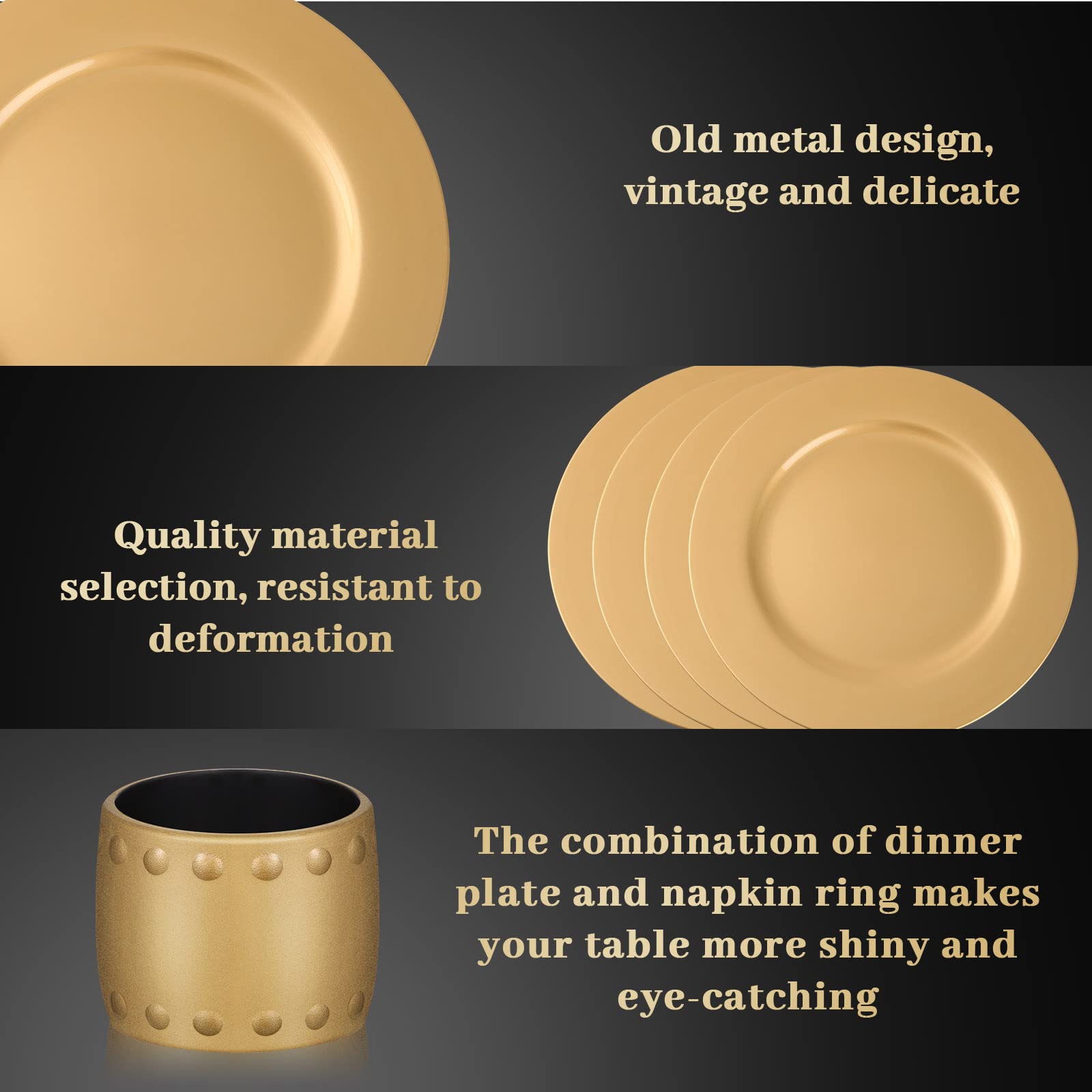 24 Sets Gold Charger Plates with Napkin Rings, 13" Round Plastic Dinner Plate Reusable Charger and Service Plate for Dinner, Wedding, Party, Event, Decoration