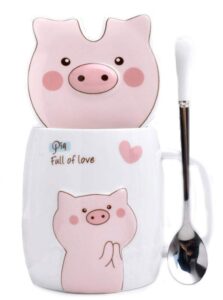 ceramics pig relief coffee mug water tea cup with lid spoon