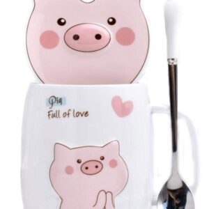 Ceramics Pig Relief Coffee Mug Water Tea Cup With Lid Spoon