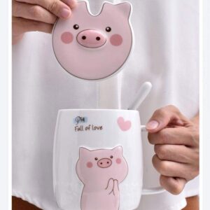 Ceramics Pig Relief Coffee Mug Water Tea Cup With Lid Spoon