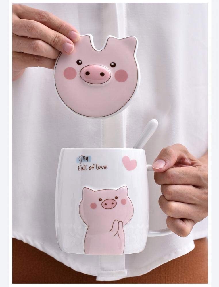 Ceramics Pig Relief Coffee Mug Water Tea Cup With Lid Spoon