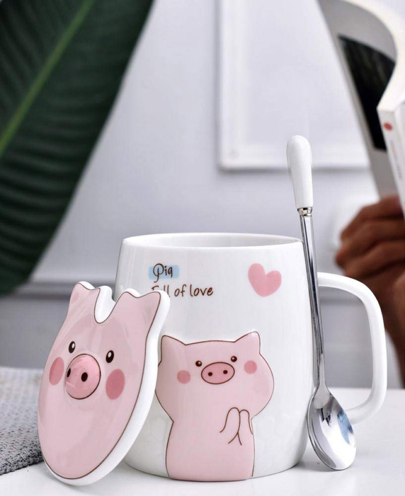 Ceramics Pig Relief Coffee Mug Water Tea Cup With Lid Spoon