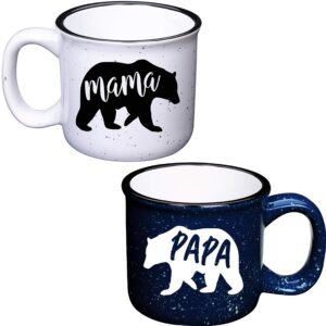 Mama Bear Mug & Papa Bear Mug - 13oz Ceramic Campfire Coffee Mug Set - Pregnancy Announcement New Parents Couples Gifts - Gift Ideas For Expecting Parents (White/Black)