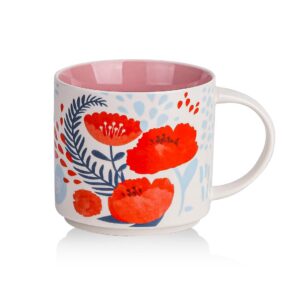 childike ceramic red poppy mug, porcelain floral mug, flowers funny coffee mug, large colorful art hand painted breakfast cup for tea, hot cocoa, oat, gift, 15 ounce