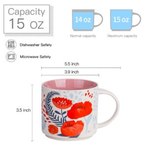 CHILDIKE Ceramic Red Poppy Mug, Porcelain Floral Mug, Flowers Funny Coffee Mug, Large Colorful Art Hand Painted Breakfast Cup for Tea, Hot Cocoa, Oat, Gift, 15 Ounce