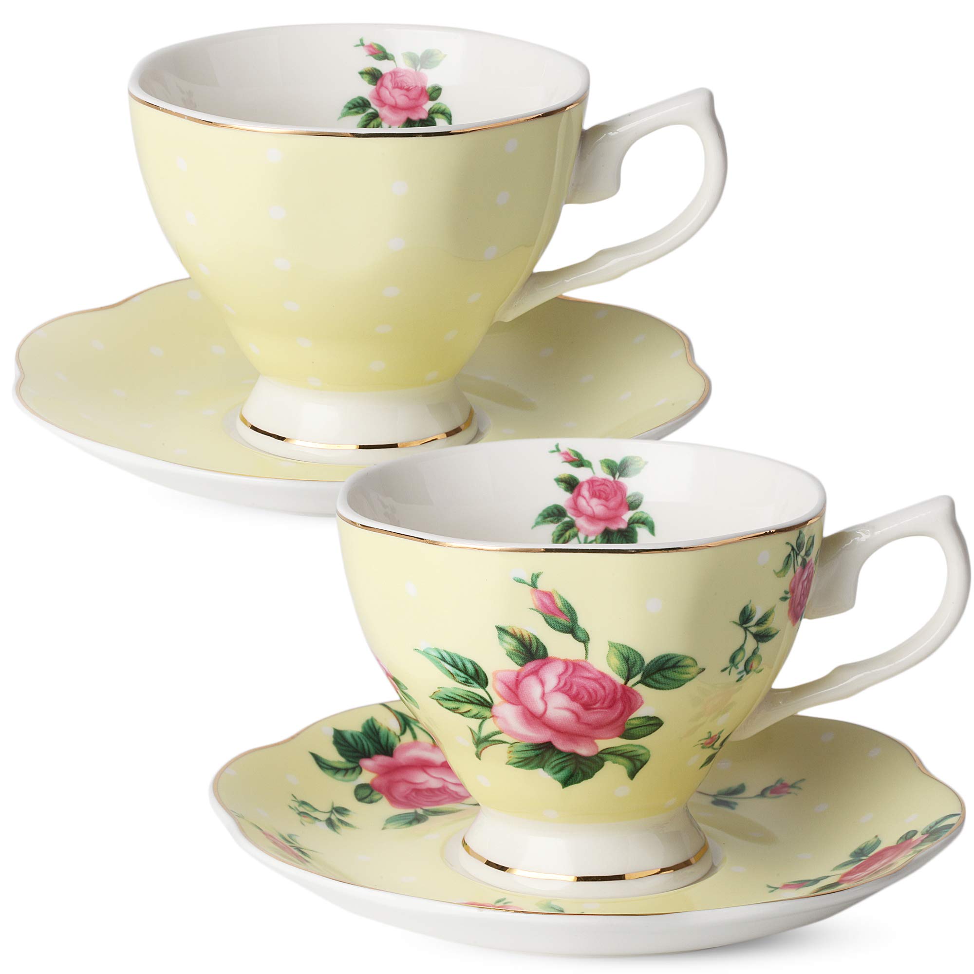 BTaT- Floral Tea Cups and Saucers, Set of 2, 8oz, with Gold Trim and Gift Box, Coffee Cups, Floral Tea Cup Set, British Tea Cups, Porcelain Tea Set, Tea Sets for Women