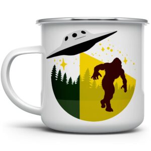 sasquatch bigfoot ufo alien abduction campfire mug, outdoor camping coffee cup, mountain nature hiking camp lover gift (12oz)