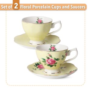 BTaT- Floral Tea Cups and Saucers, Set of 2, 8oz, with Gold Trim and Gift Box, Coffee Cups, Floral Tea Cup Set, British Tea Cups, Porcelain Tea Set, Tea Sets for Women