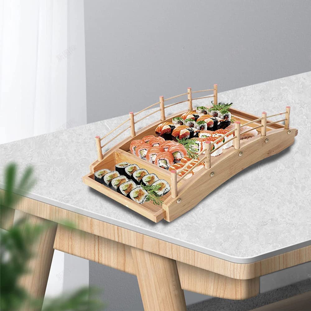 BOLLAER Arch Bridge Sushi Boat, Sushi Tray Sushi Bridge Arched Bottom Sushi Sashimi Container Wooden Arched Bridge Sushi Plate Serving Boat Plate for Restaurant or Home