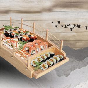 BOLLAER Arch Bridge Sushi Boat, Sushi Tray Sushi Bridge Arched Bottom Sushi Sashimi Container Wooden Arched Bridge Sushi Plate Serving Boat Plate for Restaurant or Home