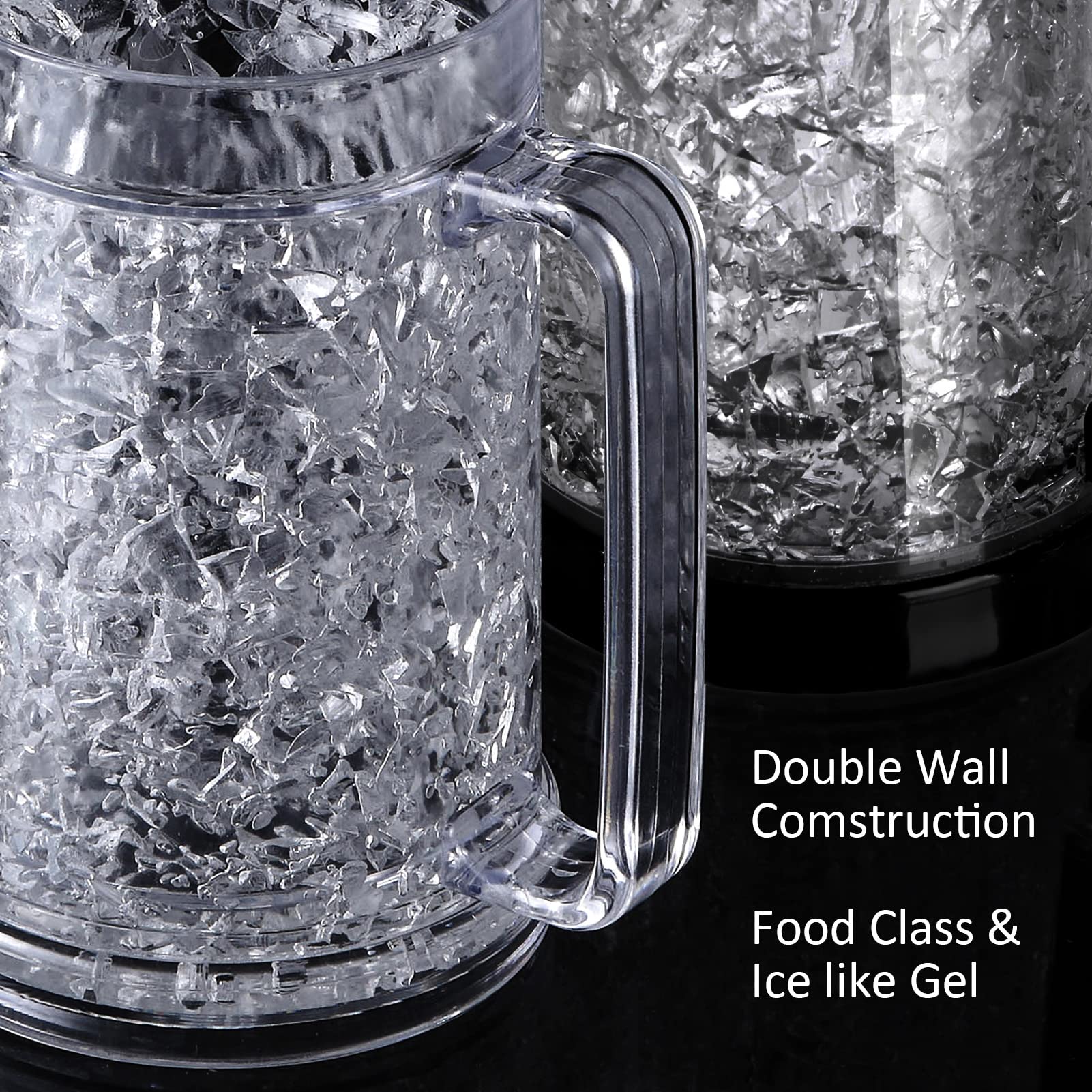 EASICOZI Double Wall Gel Frosty Freezer Ice Mugs Clear 16oz Set of 2 (Black and White)