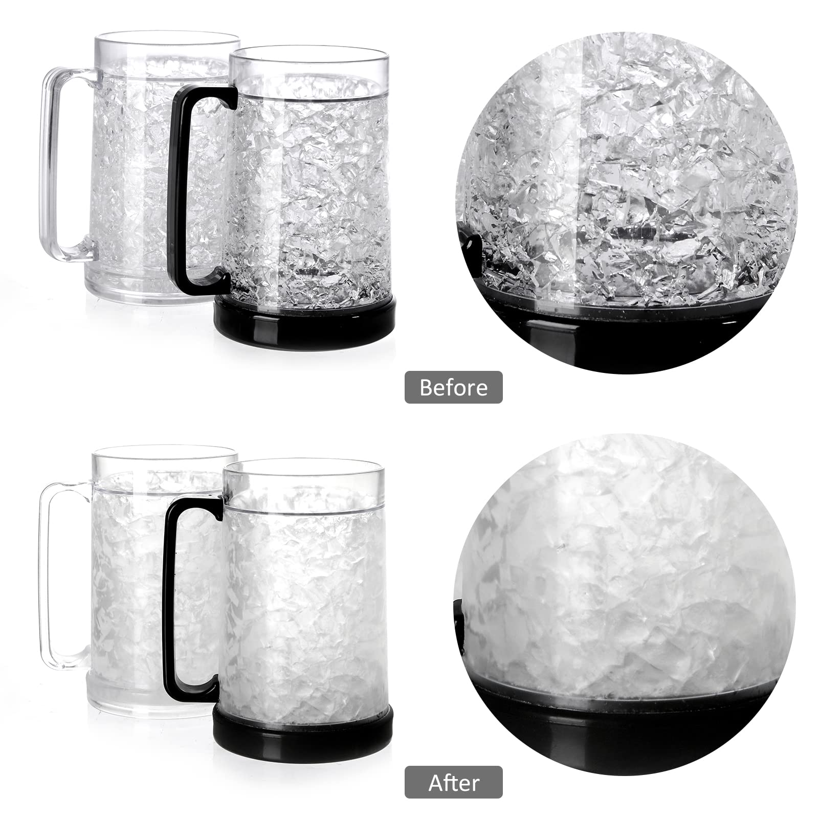 EASICOZI Double Wall Gel Frosty Freezer Ice Mugs Clear 16oz Set of 2 (Black and White)