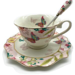 krysclove vintage ceramic teacup, elegant coffee cup with spoon and saucer set, royal bone china tea cups (pink)