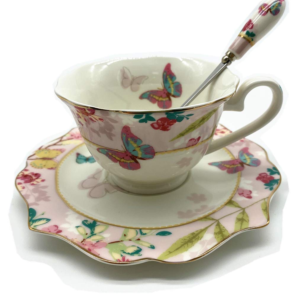 Krysclove Vintage Ceramic Teacup, Elegant Coffee Cup with Spoon and Saucer Set, Royal Bone China Tea Cups (Pink)