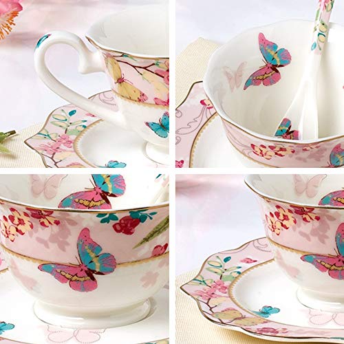 Krysclove Vintage Ceramic Teacup, Elegant Coffee Cup with Spoon and Saucer Set, Royal Bone China Tea Cups (Pink)