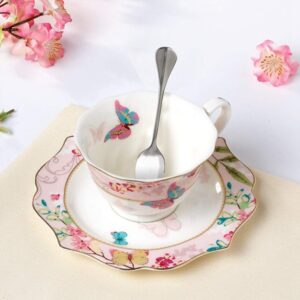 Krysclove Vintage Ceramic Teacup, Elegant Coffee Cup with Spoon and Saucer Set, Royal Bone China Tea Cups (Pink)