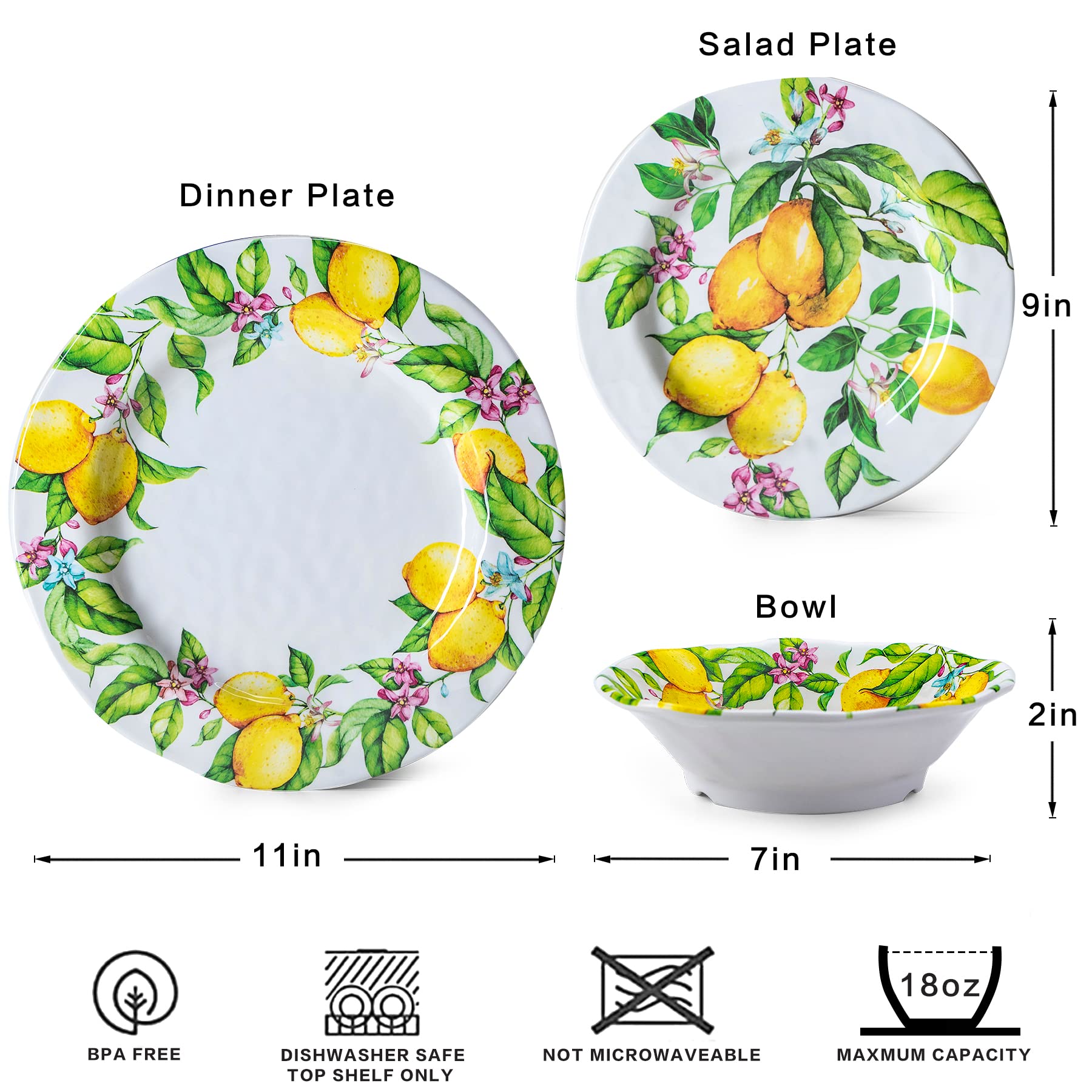 LEHAHA Lemon Melamine Dinnerware Dish Set – 12 Piece Indoor and Outdoor Plates and Bowls Set for Everyday Use, Dishwasher Safe, Unbreakable Kitchen Dinner Set, Service for 4…