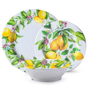 LEHAHA Lemon Melamine Dinnerware Dish Set – 12 Piece Indoor and Outdoor Plates and Bowls Set for Everyday Use, Dishwasher Safe, Unbreakable Kitchen Dinner Set, Service for 4…