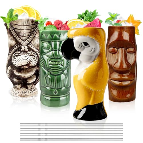 Cocktail Tiki Mugs Set of 4 - Large Ceramic Hawaiian Cocktail Mugs Drinkware, Cute Exotic Cocktail Glasses, Tiki Bar Professional Hawaiian Party Barware - TKSET0011