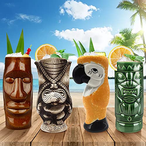 Cocktail Tiki Mugs Set of 4 - Large Ceramic Hawaiian Cocktail Mugs Drinkware, Cute Exotic Cocktail Glasses, Tiki Bar Professional Hawaiian Party Barware - TKSET0011