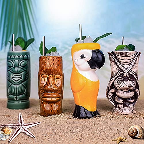 Cocktail Tiki Mugs Set of 4 - Large Ceramic Hawaiian Cocktail Mugs Drinkware, Cute Exotic Cocktail Glasses, Tiki Bar Professional Hawaiian Party Barware - TKSET0011