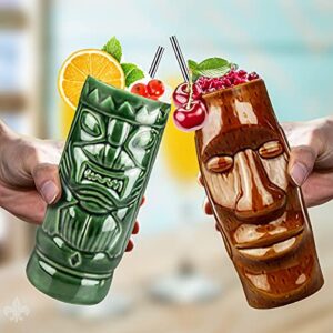 Cocktail Tiki Mugs Set of 4 - Large Ceramic Hawaiian Cocktail Mugs Drinkware, Cute Exotic Cocktail Glasses, Tiki Bar Professional Hawaiian Party Barware - TKSET0011