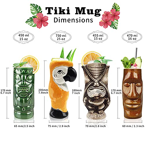 Cocktail Tiki Mugs Set of 4 - Large Ceramic Hawaiian Cocktail Mugs Drinkware, Cute Exotic Cocktail Glasses, Tiki Bar Professional Hawaiian Party Barware - TKSET0011