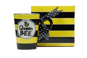 whimsical queen bee 13 oz coffee mug with polka dot bow on handle gift boxed