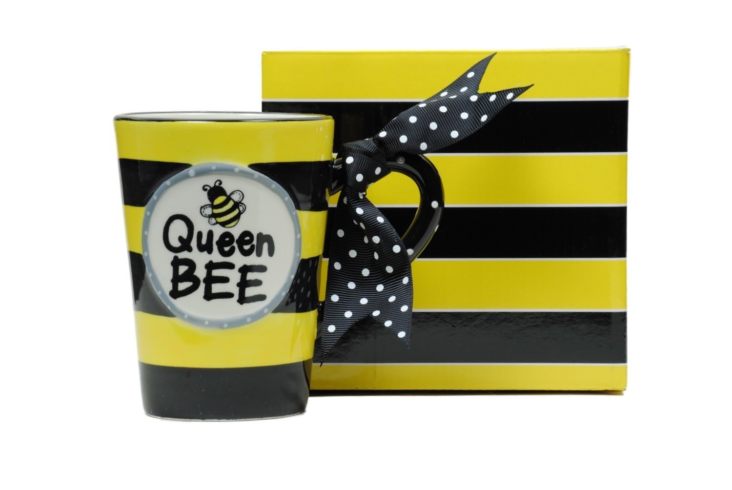 Whimsical Queen Bee 13 oz Coffee Mug with Polka Dot Bow on Handle Gift Boxed