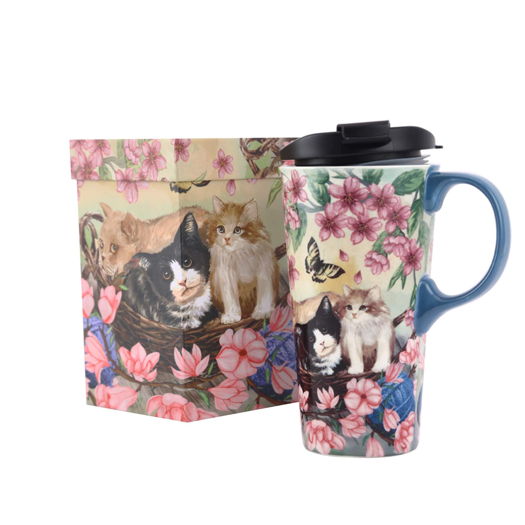 TZSSP Coffee Ceramic Mug Travel Mug Porcelain Latte Tea Cup With Lid 17oz. Flower and Cat