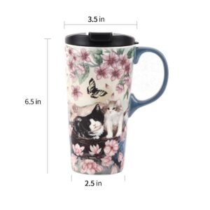 TZSSP Coffee Ceramic Mug Travel Mug Porcelain Latte Tea Cup With Lid 17oz. Flower and Cat