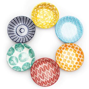 kitchentour 2.5 oz dipping sauce bowls, ceramic soy sauce dish for seasoning, sushi, appetizer, vinegar, ketchup, bbq - assorted colorful design(set of 6)