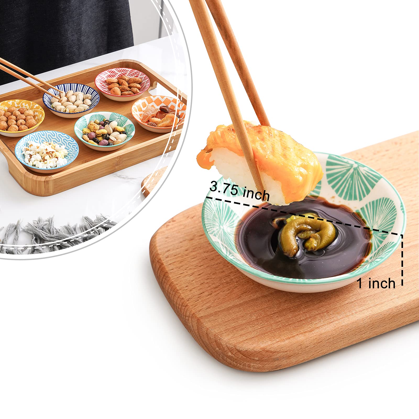 KitchenTour 2.5 Oz Dipping Sauce Bowls, Ceramic Soy Sauce Dish for Seasoning, Sushi, Appetizer, Vinegar, Ketchup, BBQ - Assorted Colorful Design(Set of 6)