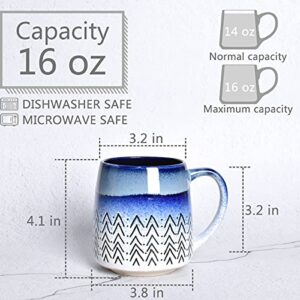 Bosmarlin Large Ceramic Coffee Mug Set of 2, 16 Oz, Blue Big Stoneware Tea Cup for Office and Home, Dishwasher and Microwave Safe (Blue, 2)