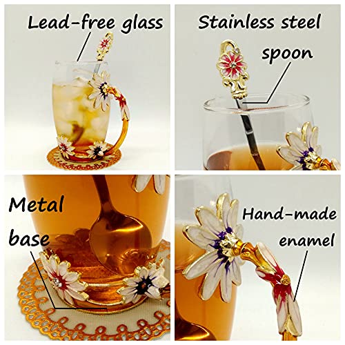 Glass Tea-Cup with Spoon, 12oz Leed-Free Enamel Coffee Mug is for Water Milk Juicer Beer; Tea-Health Cup Gift Women Her Men Birthday Teacher Girl-Friend in Lover Box Tiny Card, 3.5 x 2.5 x 4.8inches