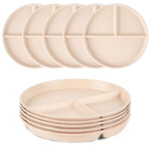 9-inch wheat portion control plate, 5-piece unbreakable plastic adult portioning plate, dishwasher safe/reusable, 3 sections of round kids separate plates for healthy eating and weight loss (beige)