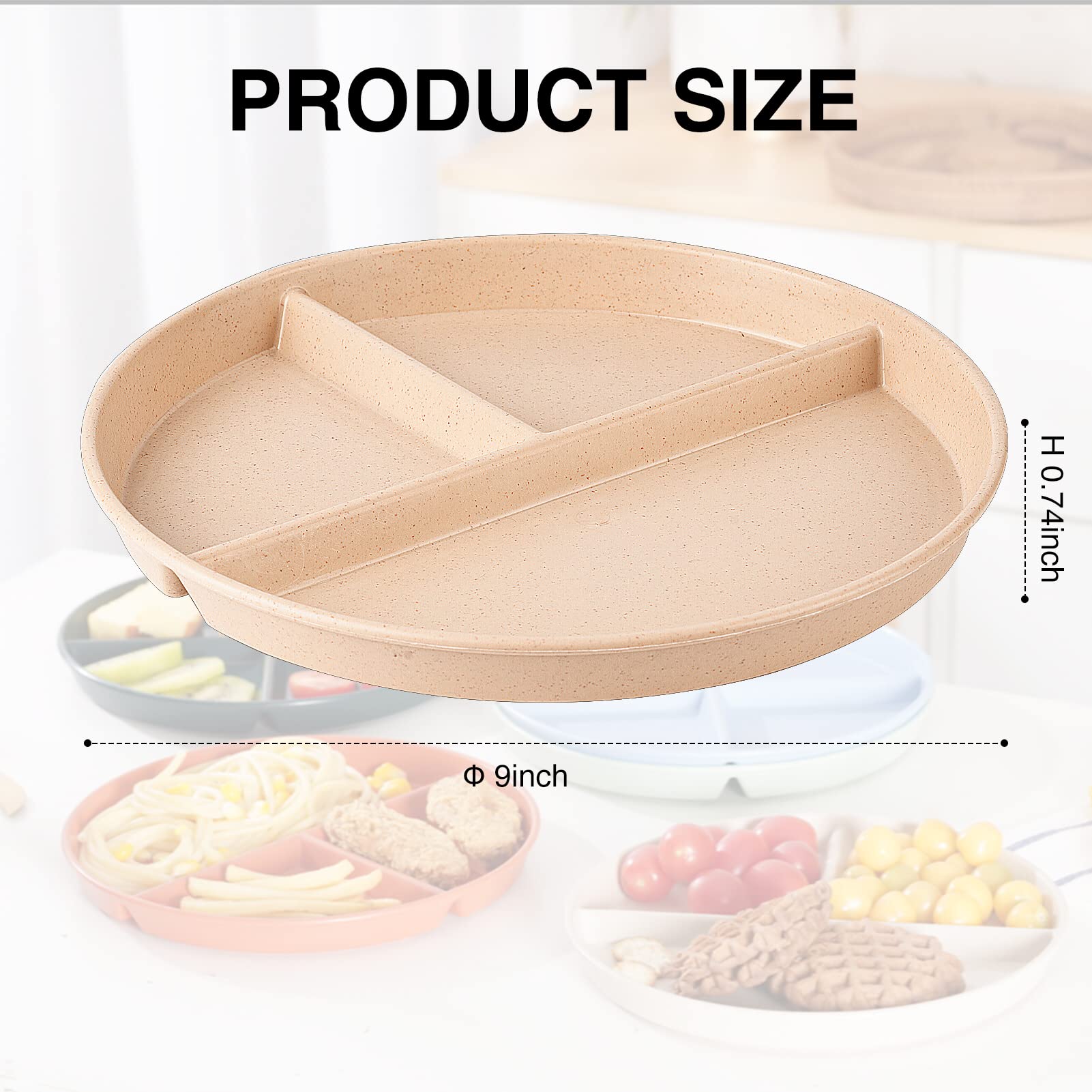 9-Inch Wheat Portion Control Plate, 5-Piece Unbreakable Plastic Adult Portioning Plate, Dishwasher Safe/Reusable, 3 Sections Of Round Kids Separate Plates For Healthy Eating And Weight Loss (Beige)