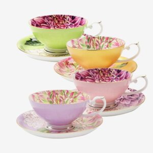 pulchritudie fine bone china teacup and saucer set, english teasets, floral design with golden rim, 8oz cup, set of four