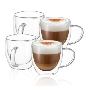 cnglass 8.5oz glass coffee mugs,double wall insulated glass mugs with handle,clear espresso mugs for latte,cappuccino,tea bag,set of 4