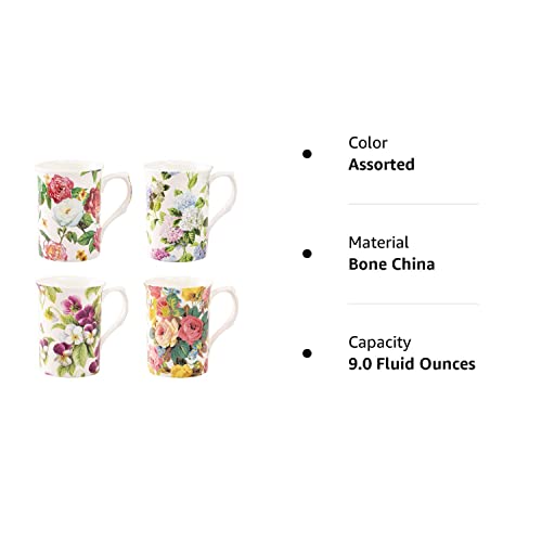 Grace Teaware Bone China Coffee Tea Mugs 9-Ounce, Assorted Set of 4 (Countryside Garden)