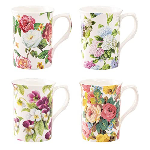 Grace Teaware Bone China Coffee Tea Mugs 9-Ounce, Assorted Set of 4 (Countryside Garden)