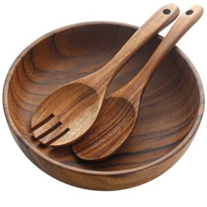 aoosy wooden salad bowls, large acacia wood salad serving bowl with serving tongs, 9.3" d x 2.8" h round bowls set for mixing fruits cereal pasta