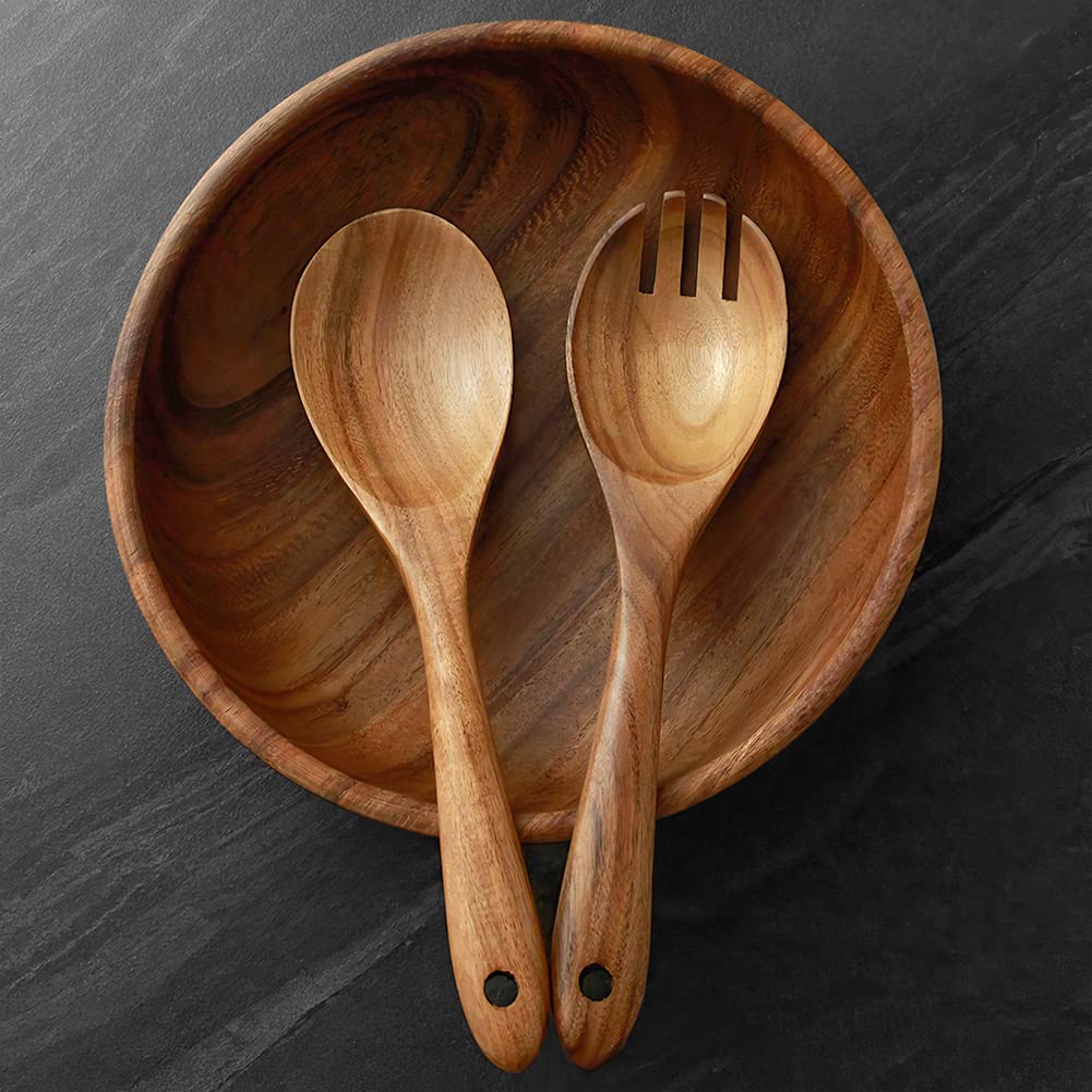 AOOSY Wooden Salad Bowls, Large Acacia Wood Salad Serving Bowl with Serving Tongs, 9.3" D x 2.8" H Round Bowls Set for Mixing Fruits Cereal Pasta