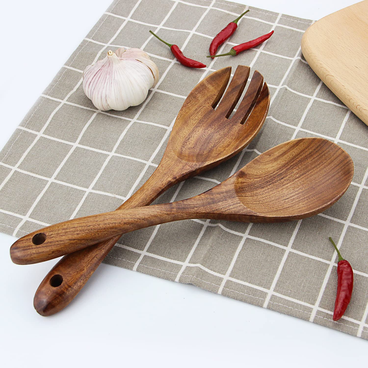 AOOSY Wooden Salad Bowls, Large Acacia Wood Salad Serving Bowl with Serving Tongs, 9.3" D x 2.8" H Round Bowls Set for Mixing Fruits Cereal Pasta